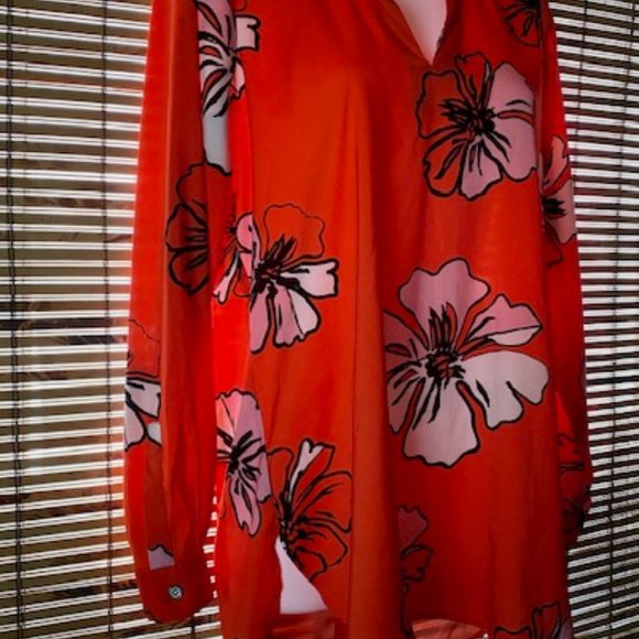 Vince Camuto Bright Orange & Pink Tropcial Hibiscus Blooms Blouse - Picture 4 of 14